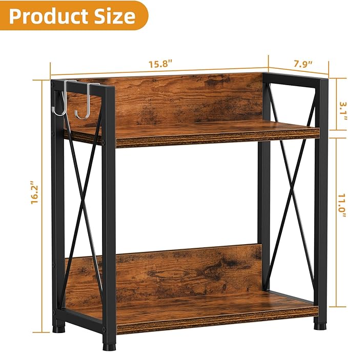 Snughome Countertop Shelf Organizer, Kitchen Counter Shelf with Hooks, 2 Tier Spice Rack for Kitchen Countertop,Coffee Station,(Rustic Brown, Large)