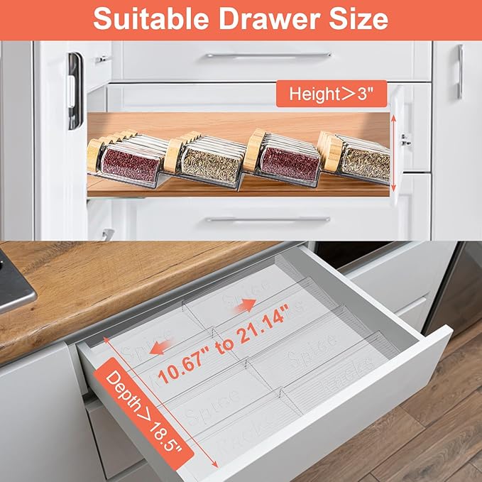 Acrylic Spice Drawer Organizer, 4 Tier- 4 Pack Clear Spice Rack Tray for Drawer/Countertop, Expandable From 11'' to 22'' Kitchen Seasoning Organizers(Jars Not Included)