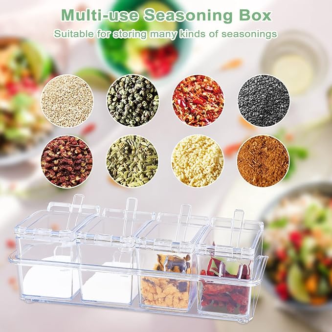 Clear Seasoning Box, 4 Piece Seasoning Rack Spice Pots, Plastic Storage Container Condiment Jars with Lids and Spoon, Kitchen Organization Containers for Spice, Salt, Sugar, Cruet