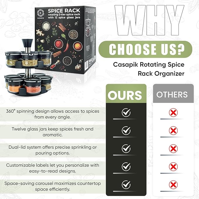 Rotating Spice Rack Organizer - 2-Tier Spice Carousel with 12 Empty Glass Jars, Dual-Lid, Preprinted & Blank Labels, Space-Saving Countertop Spice Storage