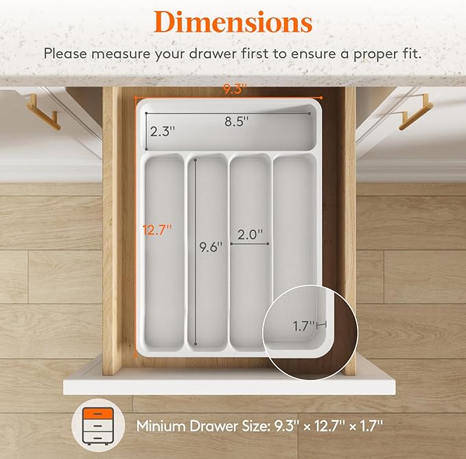 Lifewit Silverware Organizer with Lid, Covered Utensil Tray for Kitchen Drawer and Countertop, Plastic Cutlery and Flatware Storage Box for Spoons Forks Knives Holder Case, 5 Compartments, White