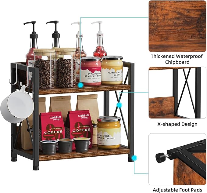 Snughome Kitchen Countertop Organizer,2 Tier Spice Rack Organizer for Countertop,Wood Kitchen Counter Shelf Organizer with Hooks (Rustic Brown,Small)