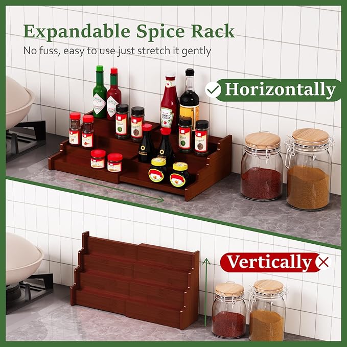 Spice Rack Organizer for Expandable 4-Tier, 2 Pack Adjustable Bamboo Spice Storage for Kitchen Cabinet, Pantry and Countertop Organization, Brown