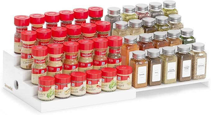 SpaceAid Bamboo Spice Rack Organizer for Cabinet, Kitchen Pantry Spices Storage Rack for Cabinets Organization, Home Seasoning Tiered Can Goods Racks Wood Shelf Organizers (4 Tier, White)