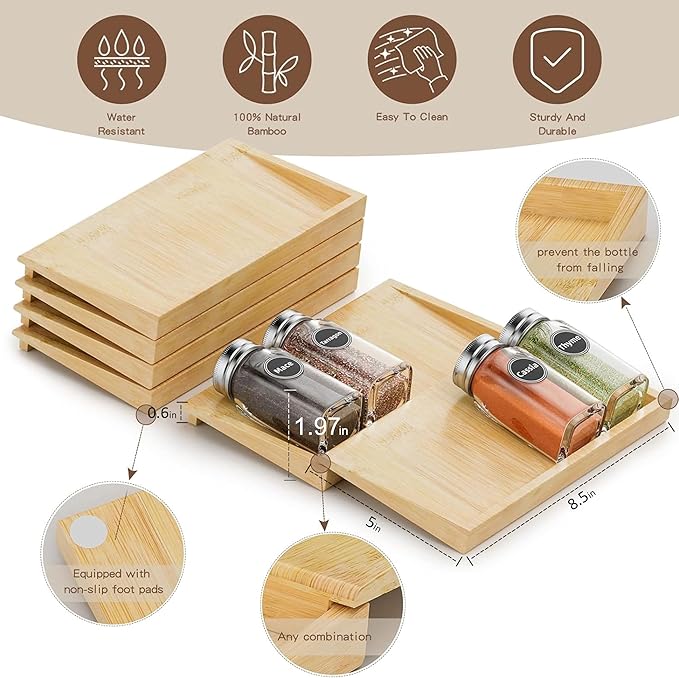 MinBoo Bamboo Spice Drawer Organizer with 24 Spice Jars, 432 Spice Labels with Chalk Marker and Funnel Complete Set, Kitchen Drawer Seasoning Organizer,6 Pack Spice Rack Tray Inserts for Flexible