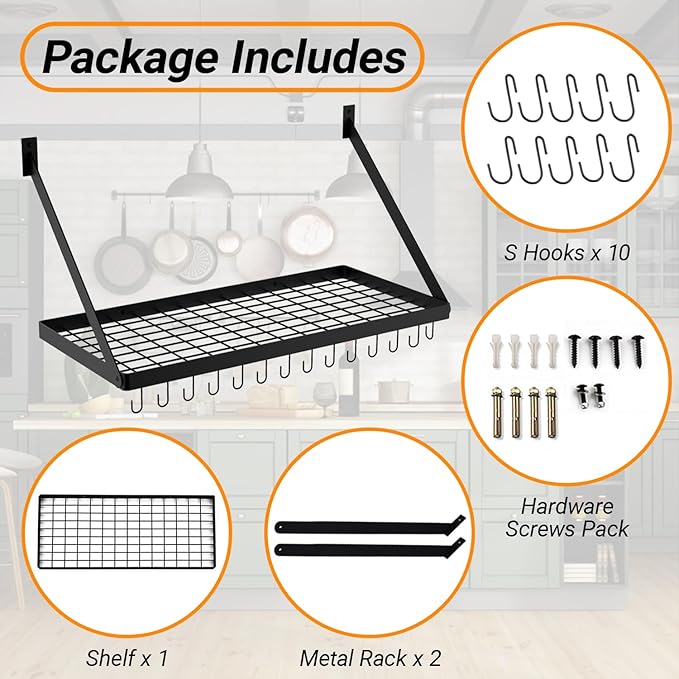 Square Grid Wall Mount Pot Rack Storage Shelf with 10 Hooks, Kitchen Cookware Hanging Organizer, Black, KPR300A-BK