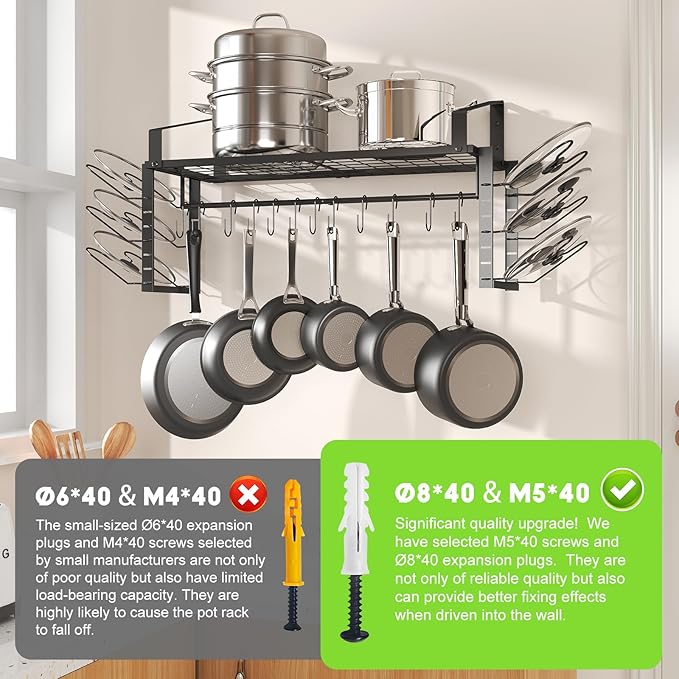 X-cosrack Hanging Pot Rack,Wall Mounted Pot and Pan Organizer with 12 S Hooks,Pot Hangers for Kitchen,Pots Pans Lids Organizer Cookware Hanging Shelves,Equipped with Anti-drop Enlarged Expansion Plugs