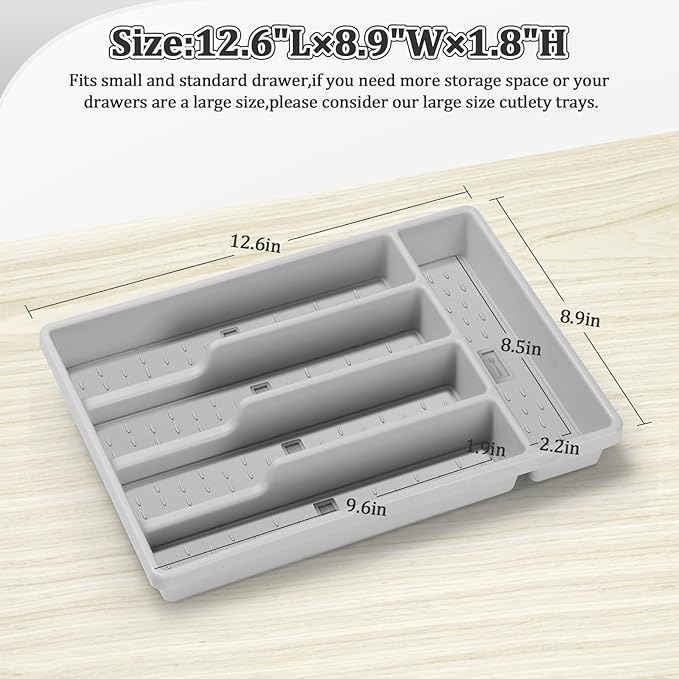 Silverware Organizer with Cutlery Icons,Silverware Tray for Kitchen Drawer,Plastic Flatware Tableware Cultery Drawer Organizer Utensil Organizer with Non-slip TPR Linings,5-Compartment,Grey
