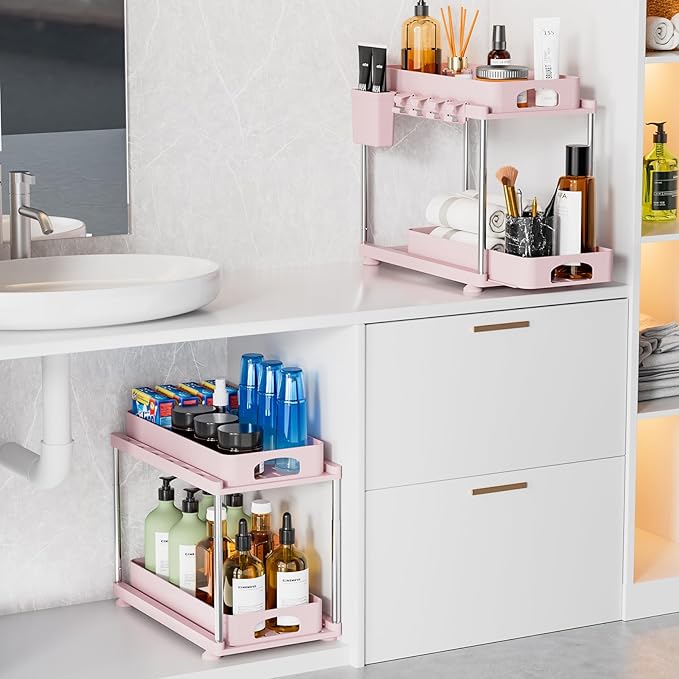 Under Sink Organizer, 2 Pack Kitchen and Bathroom Cabinet Organizer, 2 Tier Adjustable Height Storage, Pink