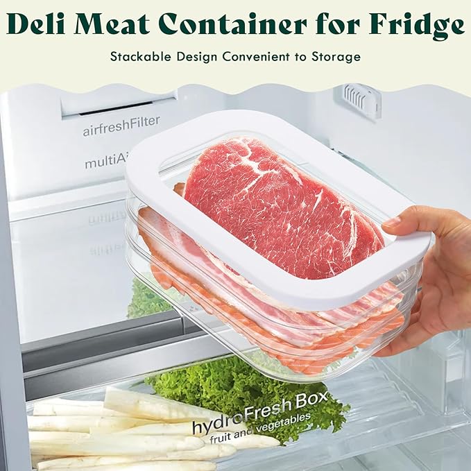 Deli Meat Container for Fridge, 3 Layer Stackable Bacon Lunch Meat Organizer for Refrigerator, Cold Cuts Storage Container with Lids & Clip for Ham,Salami, Sandwich, Cheese & Lunchmeat,18.6oz
