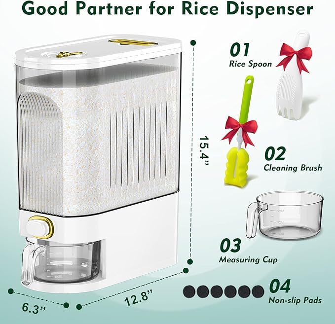 22 Lbs Rice Dispenser, Large Dry Food Storage Container with with Measuring Cup & Time Scale, Food Dispenser Kitchen Organization and Pantry Store for Cereal Dry Food (White)