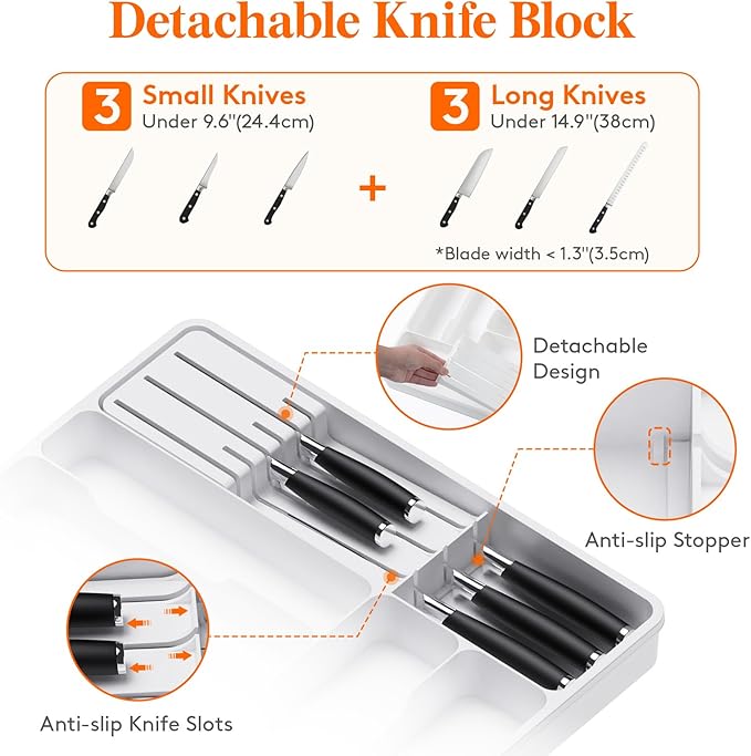 Lifewit Silverware Organizer for Kitchen Drawers, Expandable Utensil Tray with Removable Knife Block, Adjustable Cutlery and Flatware Holder, Plastic Spoon Forks Holder Storage Divider, Large, White