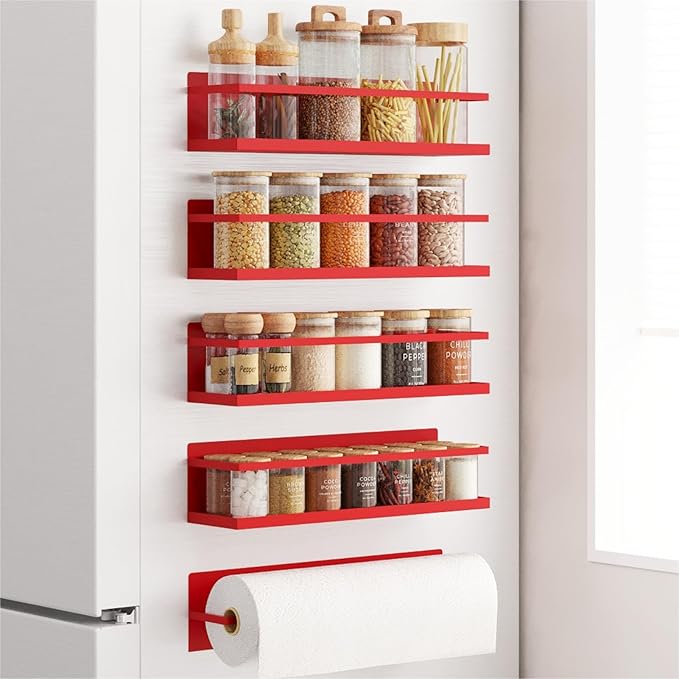 Magnetic Spice Rack For Refrigerator Magnetic Fridge Shelf For Kitchen Red 4 Pack With Magnetic Paper Towel Holder