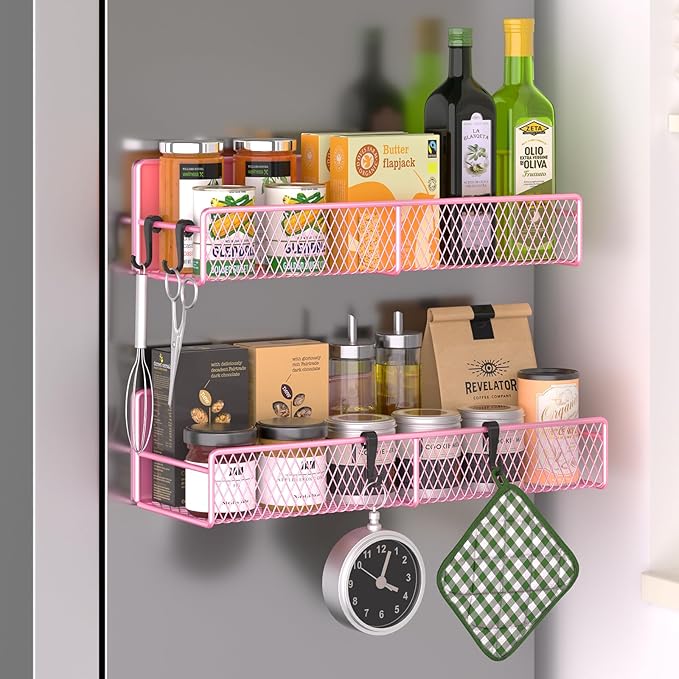 Magnetic Spice Rack for Refrigerator, 2 Pack Metal Magnetic Shelf Pink, Moveable Spice Organizer with Hooks, Super Magnetic Fridge Shelf for Kitchen Organization and Storage