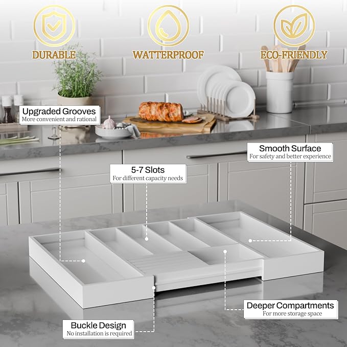Bamboo Kitchen Silverware Drawer Organizer - Expandable Wood Utensil Holder with Dividers, Luxury Cutlery Storage Tray for Kitchen Utensil and Flatware (5-7 Slots with Removable Knife Block, (White)