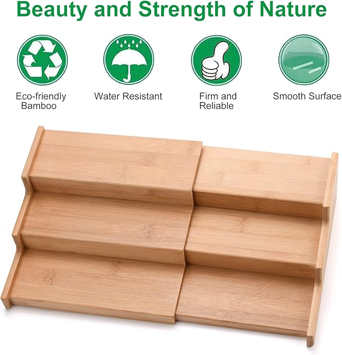 3-Tier Bamboo Expandable Spice Rack, Step Shelf Cabinet Organizer Step Shelf Kitchen Pantry Cabinet Expandable Display Shelf,Spice Holder Cabinet Seasoning Tower for Kitchen(#1)