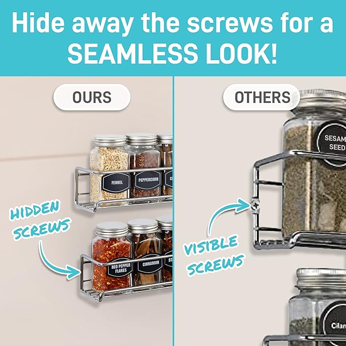 Spice Rack Wall Mounted 4 Tier – Space-Saving Kitchen Spice Organizer for Seasonings – Screw or Adhesive Hanging – Wall Mount Hanging Spice Rack for Wall, Cabinet, Pantry Door