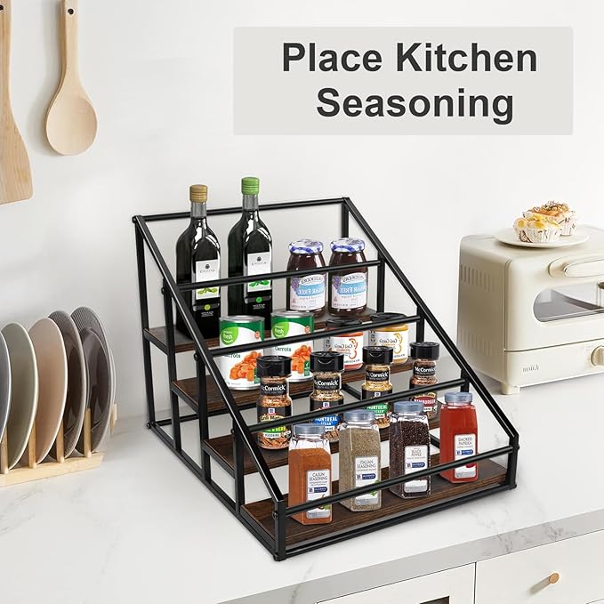 Coffee Syrup Rack Organizer,Liquor Bottle Display Shelf,Water cup display stand,Spice Rack Kitchen Cabinet Organizer,Rustic Brown,2 Packs 4 Tier 16 Bottle Coffee Syrup Holder