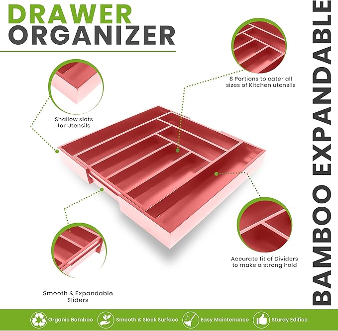 Utopia Kitchen Silverware Organizer, Expandable Bamboo Utensil Drawer Organizer, Kitchen Drawer Organizer, Silverware Organizer for Cutlery, Utensils, Flatware Holder (6-8 Slots, Coral) Pack of 1