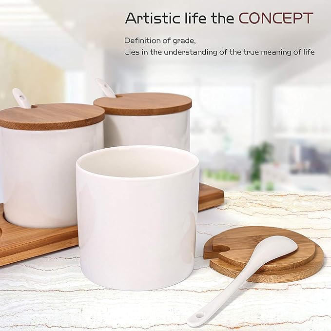 Lucky Goddness June Sky Ceramic Food Storage Containers with Bamboo Lid- Modern Design Porcelain Jar- Perfect Canister for Sugar Bowl Serving Tea, Coffee, Spice- Condiment Pot 8 oz, white