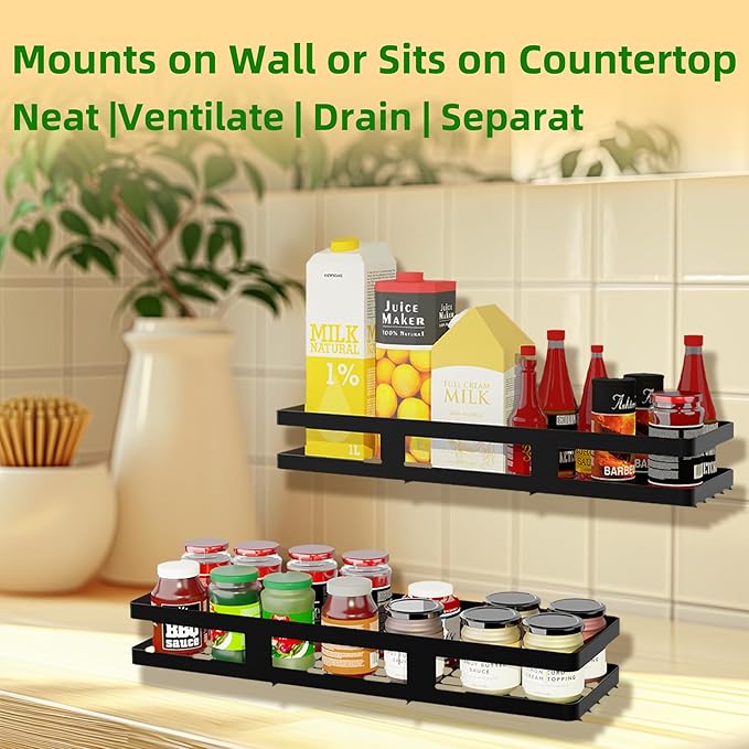 Kitchen Metal Wall Mounted Spice Racks, 2 Pack Adhesive Black Storage organizer for Cabinet Door Pantry Kitchen Bathroom, No Drill Installation (15.7inches length)