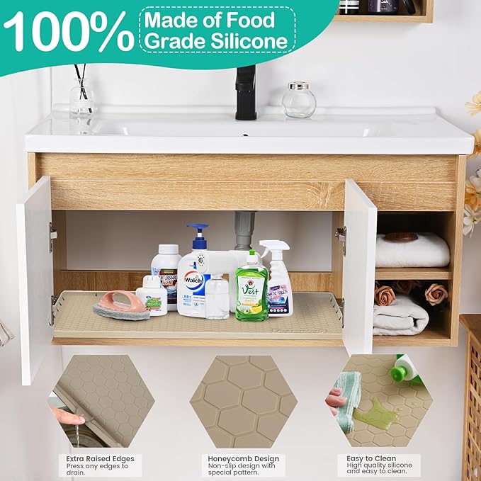 Waterproof Under Sink Mat 34" x 22", Silicone Cabinet Liner, Rubber Protector for Kitchen and Bathroom, Keeps Cabinets Clean, Dry, and Organized (Khaki)