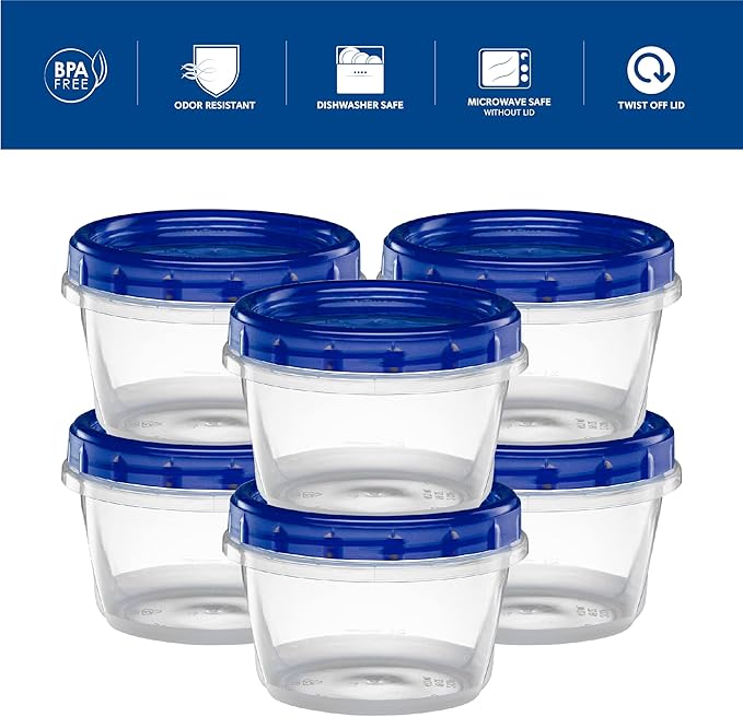 Twist Top Deli Containers Food Storage Containers Blue Screw on Lid Reusable Stackable Leakproof Airtight, pack of 20-16 oz containers