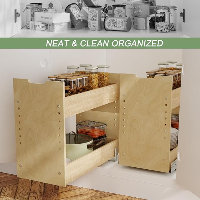 ROOMTEC Pull Out Cabinet Organizer with U Bracket,10½”W x 18½”H 2-Tier Adjustable Kitchen Spice Rack, Spice Rack Organizer for Narrow Cabinet Drawers Slide Out, Soft Close