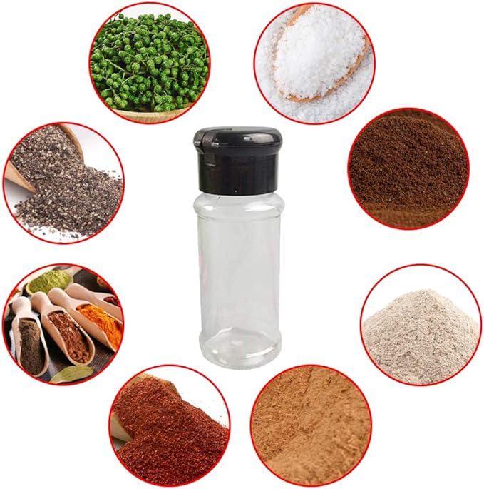 FEOOWV 100 Pcs Empty Plastic Spice Bottles Set for Storing Barbecue Seasoning Salt Pepper and More 75 ml/2.5 oz (Black)