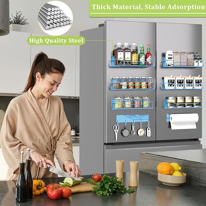 Magnetic Spice Rack for Refrigerator, 9 Pack Magnetic Fridge Shelves W/Adjustable Paper Towel Holder, Hook Rack, Moveable Spice Organizer Shelf for Kitchen Organization and Storage (Blue)