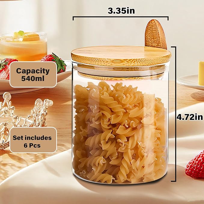 Glass Jar with Bamboo Lids,Overnight Oats Containers with Lids,Glass Food Storage Jars Containers,Kitchen Canisters for Candy,Cookie,Coffee,Sugar,Tea,Nuts,18.5oz/540ML(6PCS)