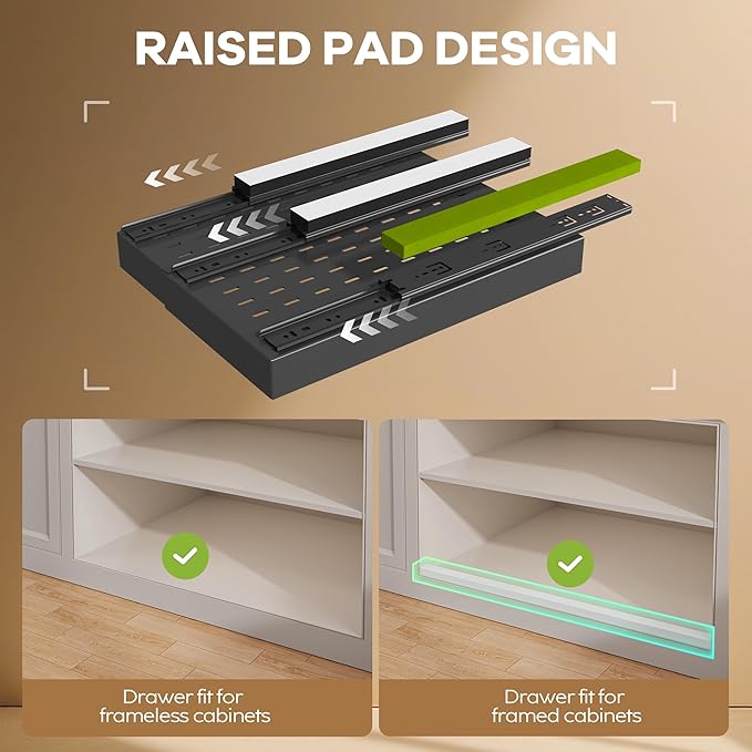 2 Pack Pull out Cabinet Organizer 21" Deep With Raising Pad for Framed Cabinets, Expandable Slide out Drawers for Kitchen Cabinets with 4pcs Divider Racks, Roll out Shelves 9"-14" W Black