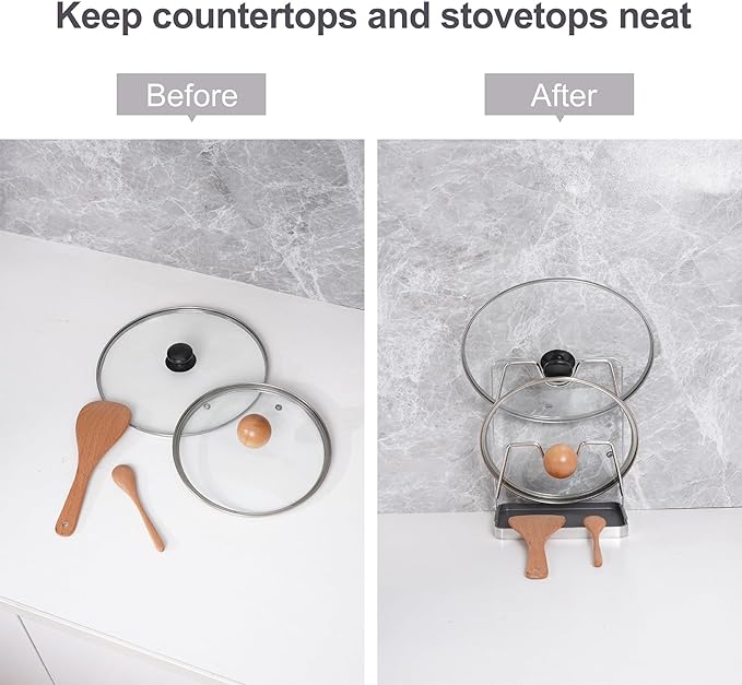 Pot Lid Holder While Cooking, Kitchen Spoon Rest with Lid Holder for stove top, Multifunctional Kitchen Pot Lid Organizer for Countertop (Iron,Dark Grey)