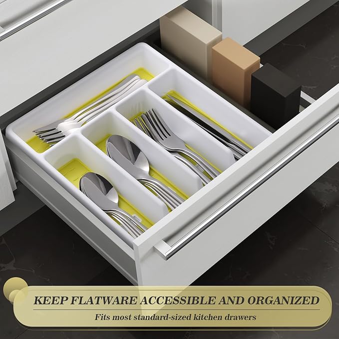 20-Piece Silverware Set with Organizer,Heavy Duty Stainless Steel Flatware Cutlery Tableware Set for 4,Includes 5-Compartment Silverware Tray with Cutlery Icons,First Apartment Kitchen Essentials
