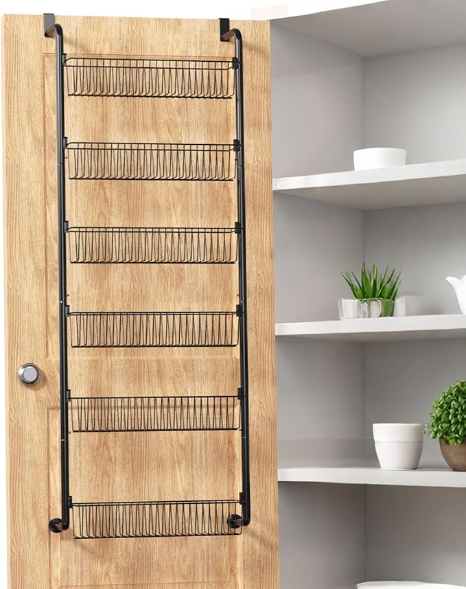 Goovilla Over The Door Pantry Organizer, 6-Tier Pantry Organization and Storage, Metal Hanging Spice Rack for Pantry Door, Kitchen, Laundry, Bathroom Organization, Back of Door Seasoning Rack, Black