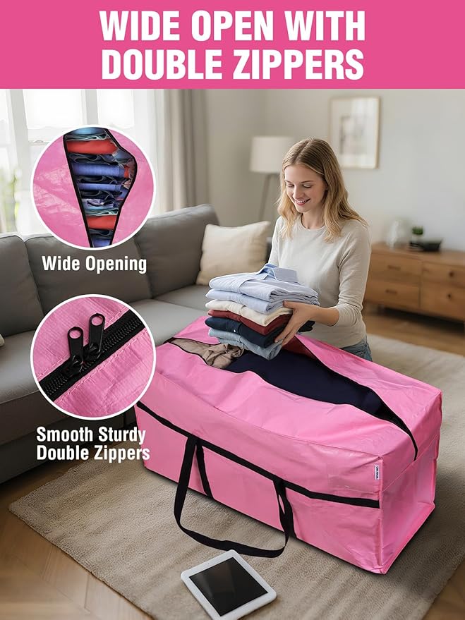 WORKPRO 2-Pack 66 Gallon Extra Large Moving Bags with Zippers, Carry Handles, Heavy-Duty, Water-Resistant Storage Totes for Moving & Space-Saving Organization, Pink