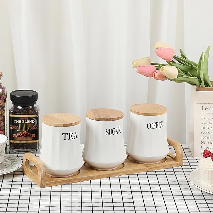 JUXYES Set of 3 Ceramic Canisters Set for Sugar Coffee Tea, Luxurious Storage Containers Sets with Serving Tray Decorative Storage Pots White Ceramic Storage Jar for Kitchen Counter Dining Room