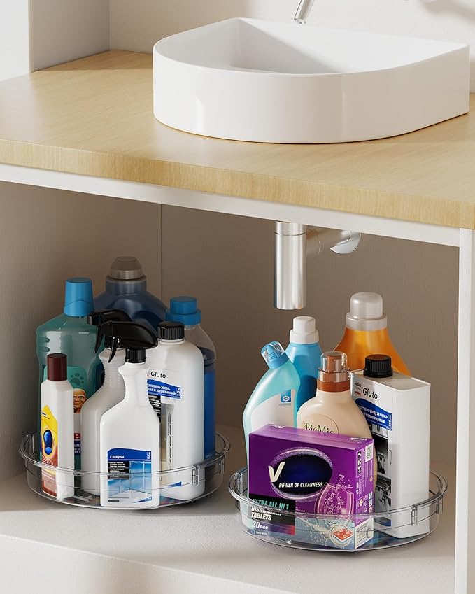 LAMU 4 Pack Lazy Susan Organizer, Clear Lazy Susan Turntable for Cabinet, Refrigerator, Table Top, Kitchen, Bathroom, Pantry Organizers and Storage, 2 Sizes Included 12in, 10.6in