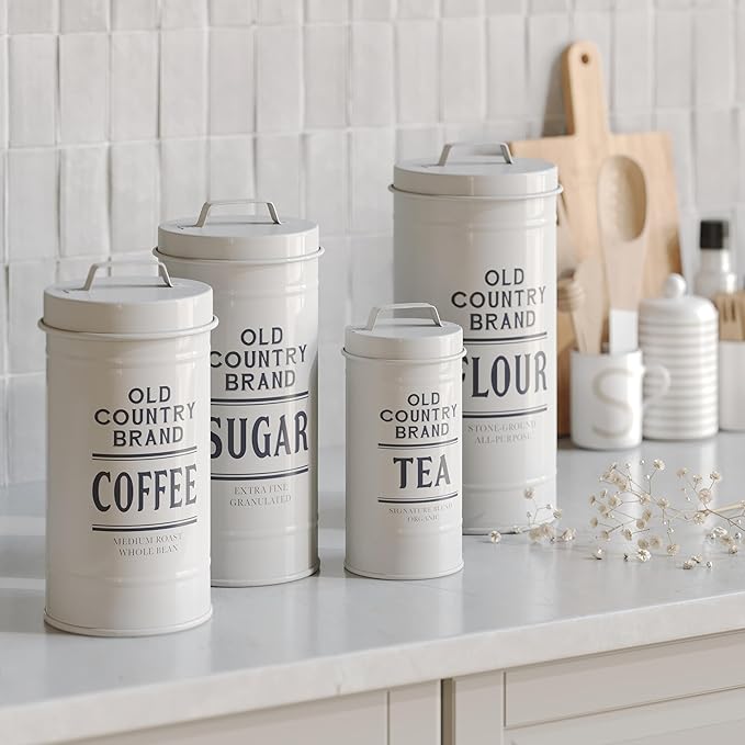 Barnyard Designs Canister Sets for Kitchen Counter, Farmhouse Canisters Sets for the Kitchen Countertop, Coffee Tea Sugar Flour Metal Containers with Lid (White)