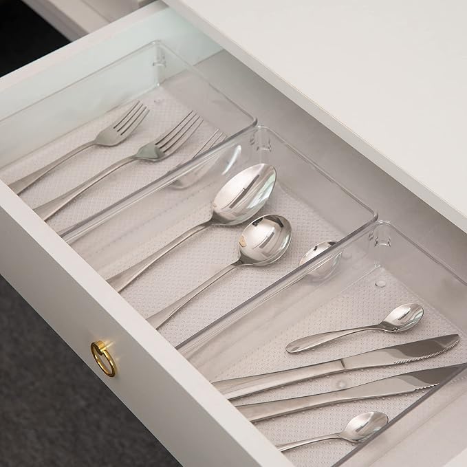 ihomecooker 3 Set Clear Plastic Junk Drawer Organizer Vanity Curlery Utensil Makeups Organizer for Kitchen 6" X9''