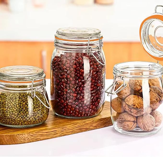 Encheng Glass Jars 32oz,Airtight Glass Food Storage Jar with Clamp Lid,1000ml Rounded Airtight Canister with Leak Proof Rubber Gasket,Clear Glass Kitchen Jars for Dry Food,Cereal,Beans,6 Pack