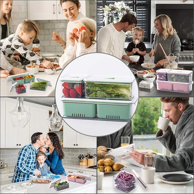 Lille Home Stackable Produce Saver, Organizer Bins/Storage Containers with Removable Drain Tray, Set of Three, for Refrigerators, Cabinets, Countertops and Pantry, BPA Free (Set of Three)