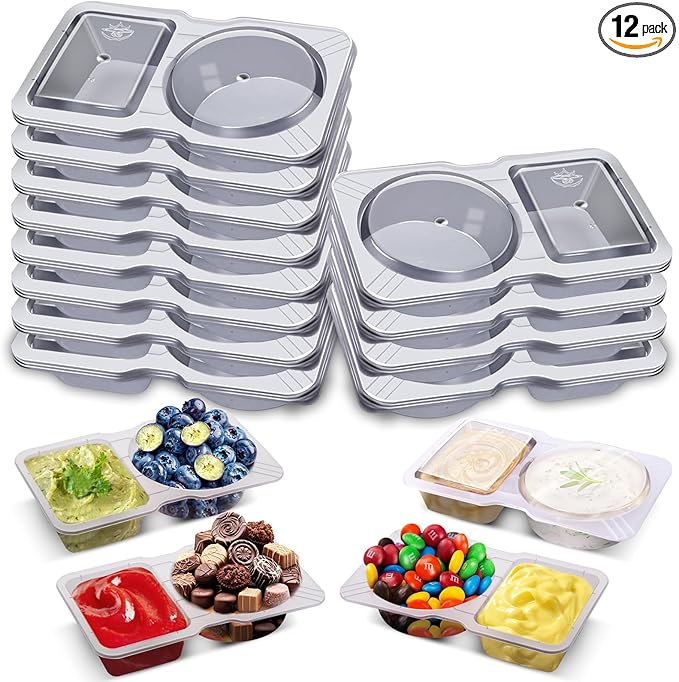 12 Sets Double Compartment Condiment Container with Lid, Reusable Snack Box for Sauces and Snacks for Meal Prep, Parties, and On-the-Go