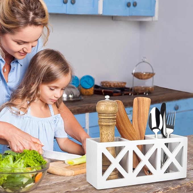 Wooden Cutlery Silverware Holder Flatware Utensil Caddy Wood Silverware Organizer Storage for Countertop Fork Spoon Knives Organizer Small Kitchen Utensil Holder Party White Table Cutlery Caddy