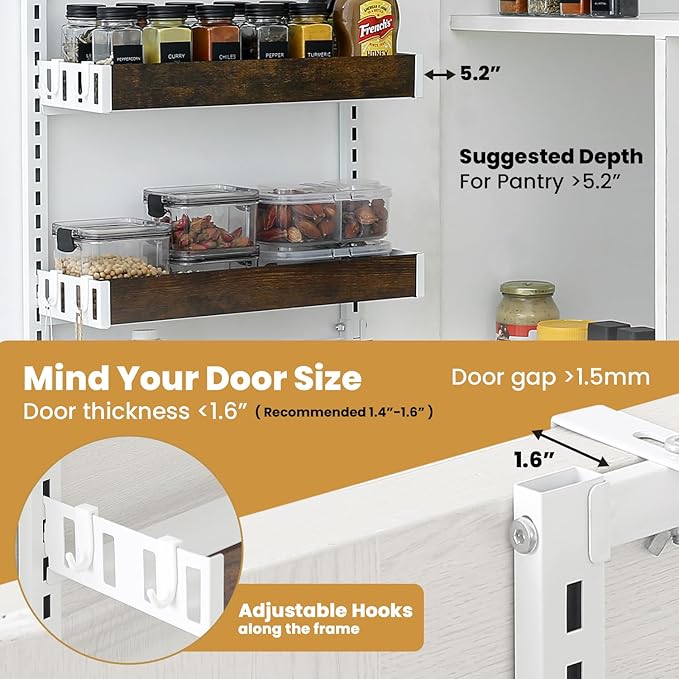 Over The Door Organizer - 6-Tier Pantry Organizer & Storage Shelf, Wooden Spice Rack with 12 Hooks, Multipurpose Behind Door Storage Solution for Kitchen, Bathroom, or Closet Wall Mount Use