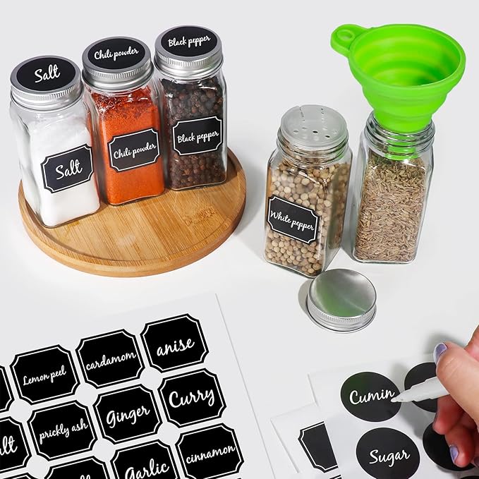CycleMore 48 Pack 4oz Glass Spice Jars Bottles, Square Spice Containers with Silver Metal Caps and Pour/Sift Shaker Lid-80pcs Black Labels,1pcs Silicone Collapsible Funnel and 2pcs Brush Included