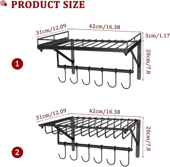 2 Packs Wall Mounted Hanging Pots and Pans Organizer Rack with 12 Hooks,For Storage Pans,Pot Lids, Cooking Utensils, Plants and Toiletries in the Kitchen,Balcony or Bathroom