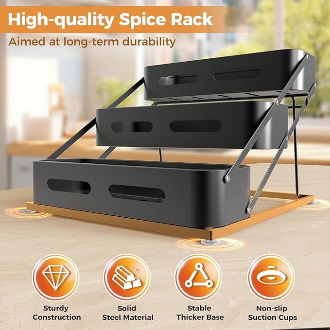 Airpro Spice Rack, 3 Tier Spice Rack Organizer for Cabinet, Seasoning Organizer for Countertop, Kitchen, Pantry, Cupboard, Sturdy Spice Organizer with Protection Railing, No Installation, Black