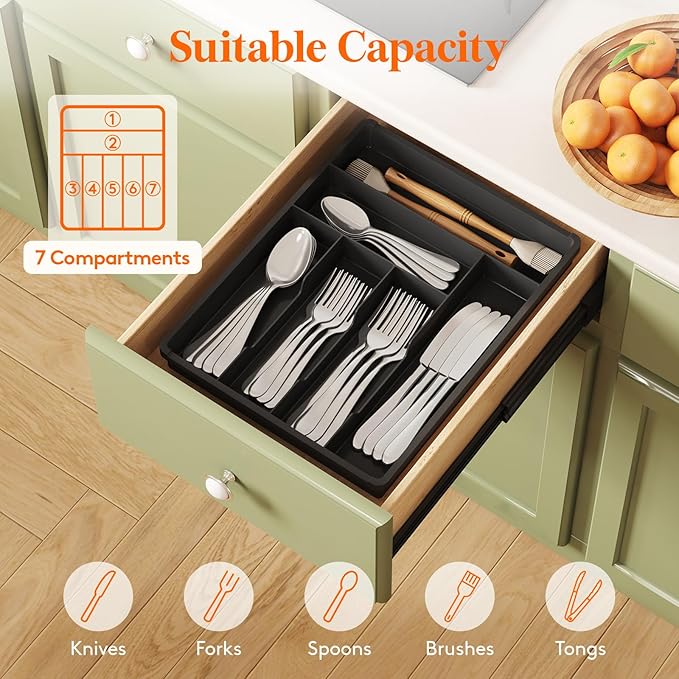 Lifewit Silverware Tray, Deep Wide Cutlery Drawer Organizer Storage for Kitchen, Plastic Flatware Utensil Holder Divider for Spoons Forks Knives Tableware, 7 Compartment, Black