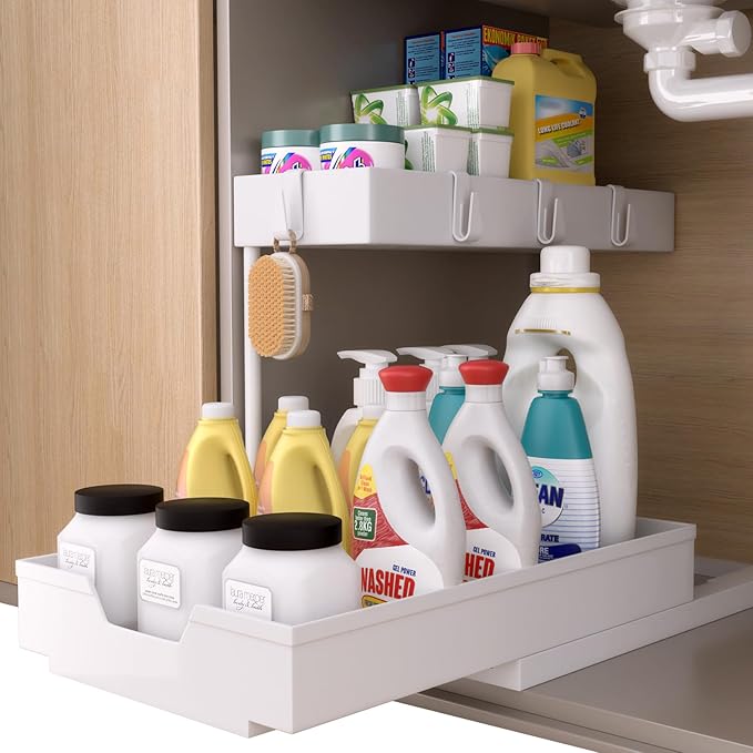 2 Tier Under Sink Organizer L-Shape Pull Out Cabinet Organizers Narrow Space Sink Shelf Storage Shelves Multi-purpose Organization Drawer for Bathroom Kitchen Pantry, 15.5 Inch, White